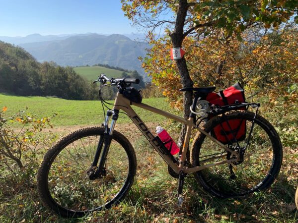 Bicicletta appoggiata a una quercia d'autunno, con prati e montagne sullo sfondo