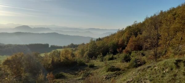 Boschi d'autunno e crinali dell'Appennino nella foschia del mattino