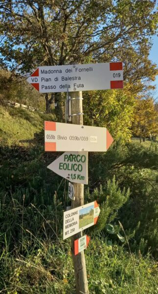 Palo con i cartelli per Madonna dei Fornelli, Pian di Balestra e il Passo della Futa, il parco eolico e le Colonne della memoria