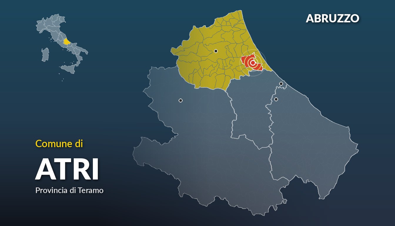 Cartina del Abruzzo con la posizione del comune di Atri, in provincia di Teramo