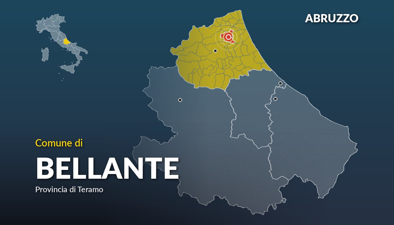 Cartina del Abruzzo con la posizione del comune di Bellante, in provincia di Teramo