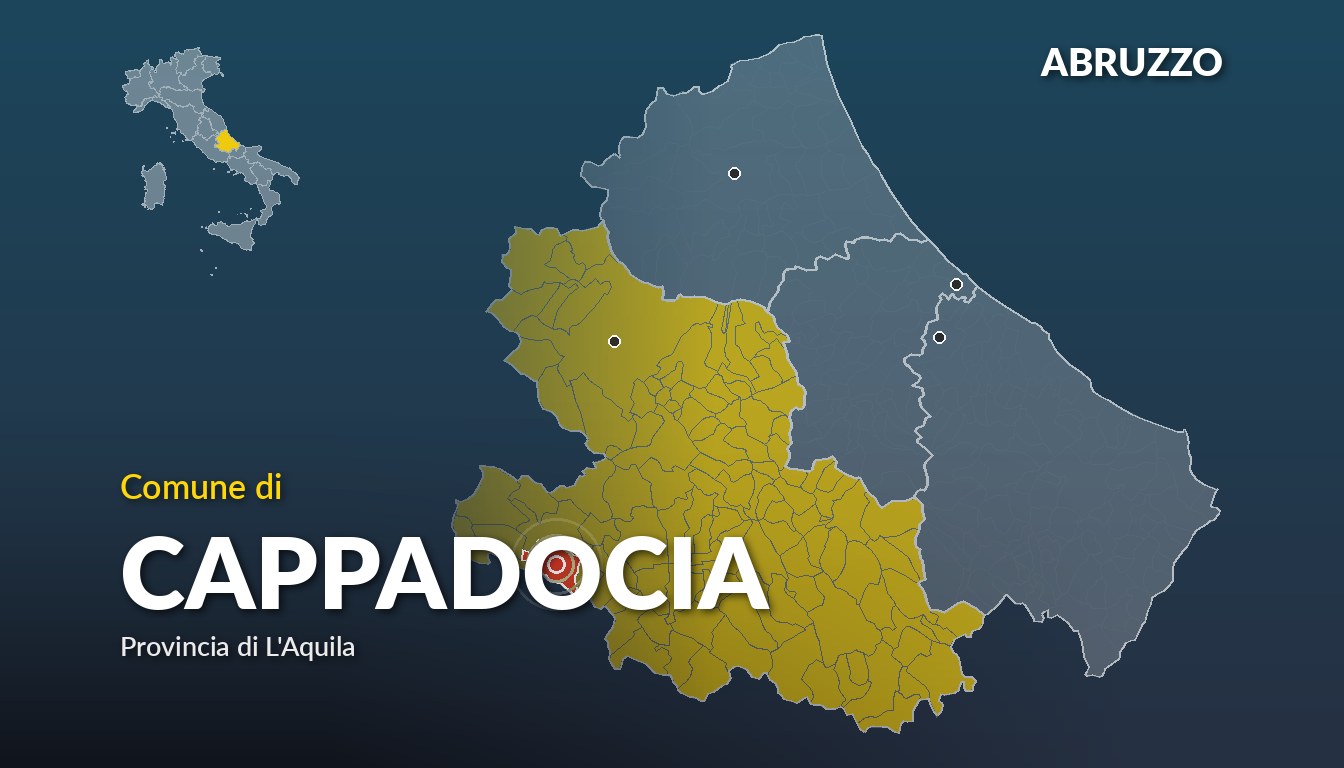 Cartina del Abruzzo con la posizione del comune di Cappadocia, in provincia di L'Aquila