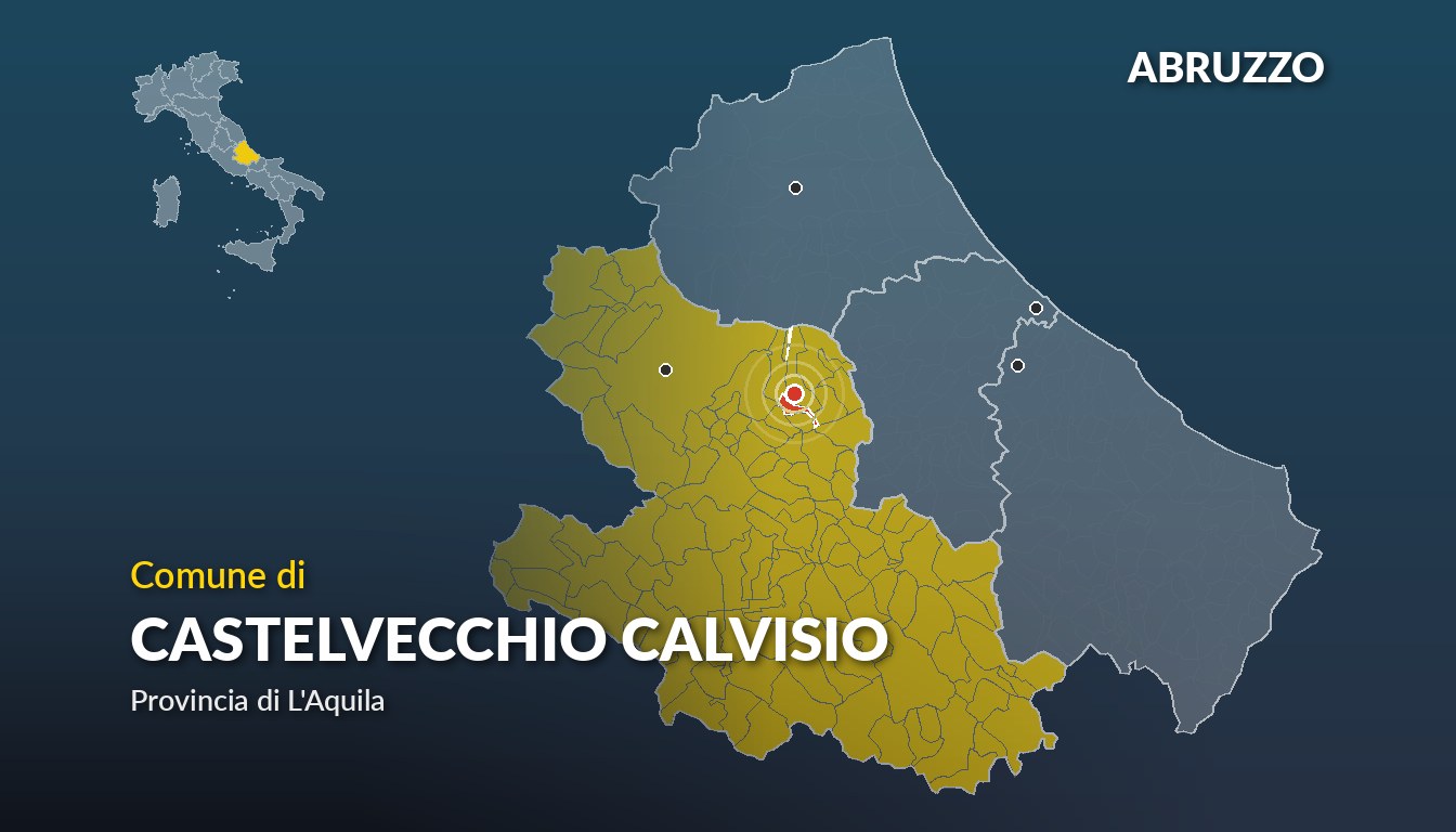 Cartina del Abruzzo con la posizione del comune di Castelvecchio Calvisio, in provincia di L'Aquila
