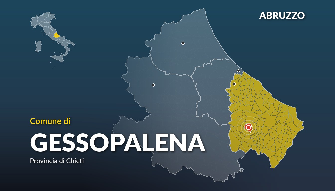 Cartina del Abruzzo con la posizione del comune di Gessopalena, in provincia di Chieti