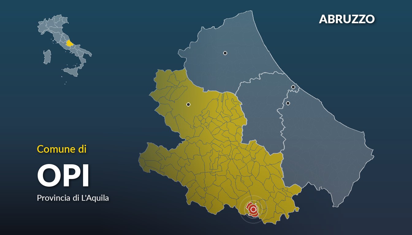 Cartina del Abruzzo con la posizione del comune di Opi, in provincia di L'Aquila