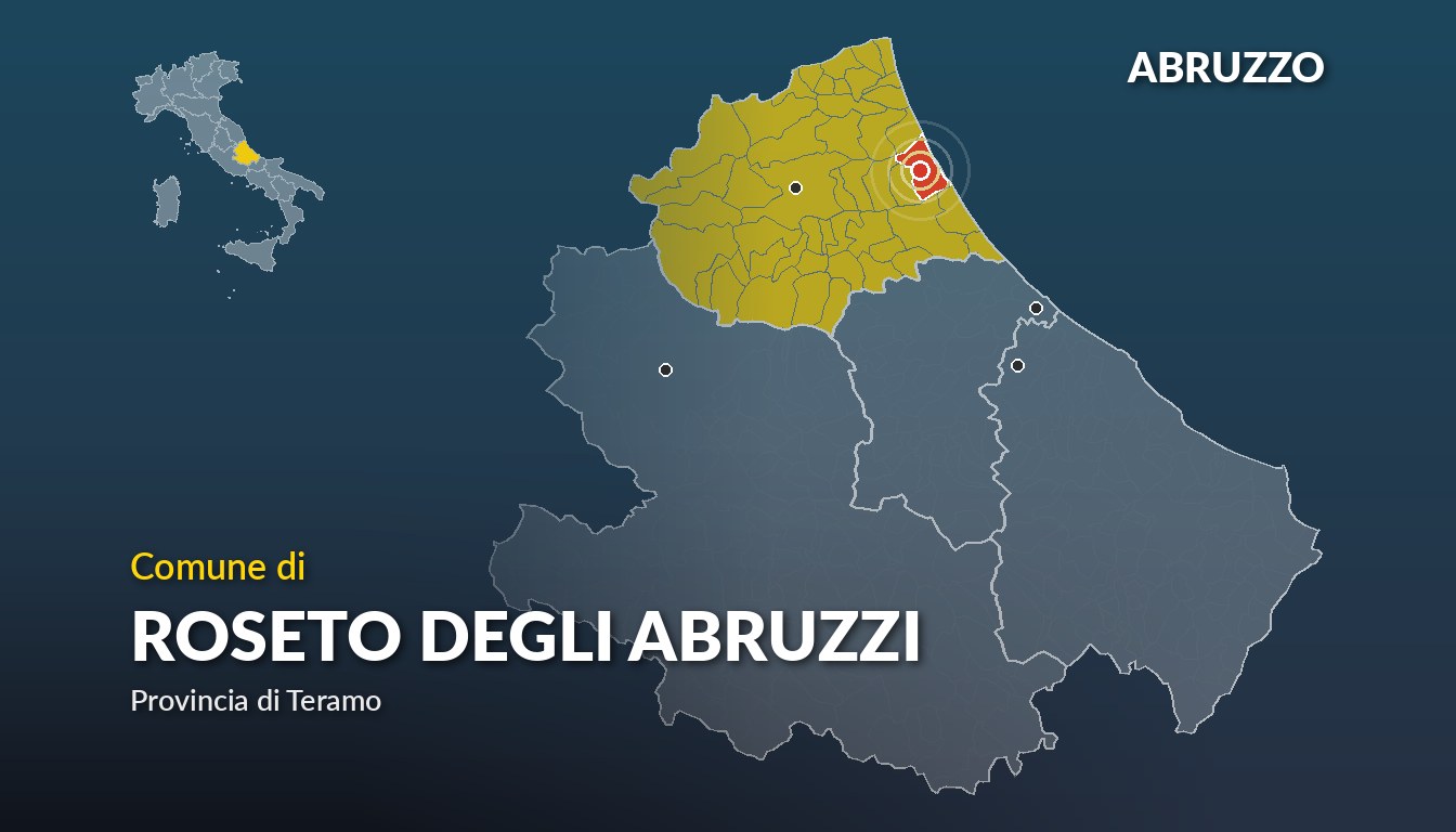 Cartina del Abruzzo con la posizione del comune di Roseto degli Abruzzi, in provincia di Teramo