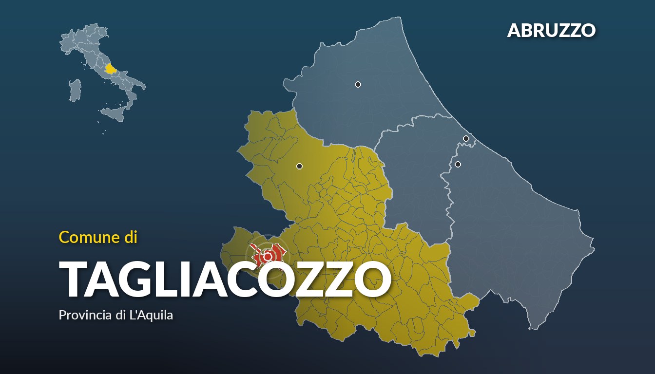 Cartina del Abruzzo con la posizione del comune di Tagliacozzo, in provincia di L'Aquila