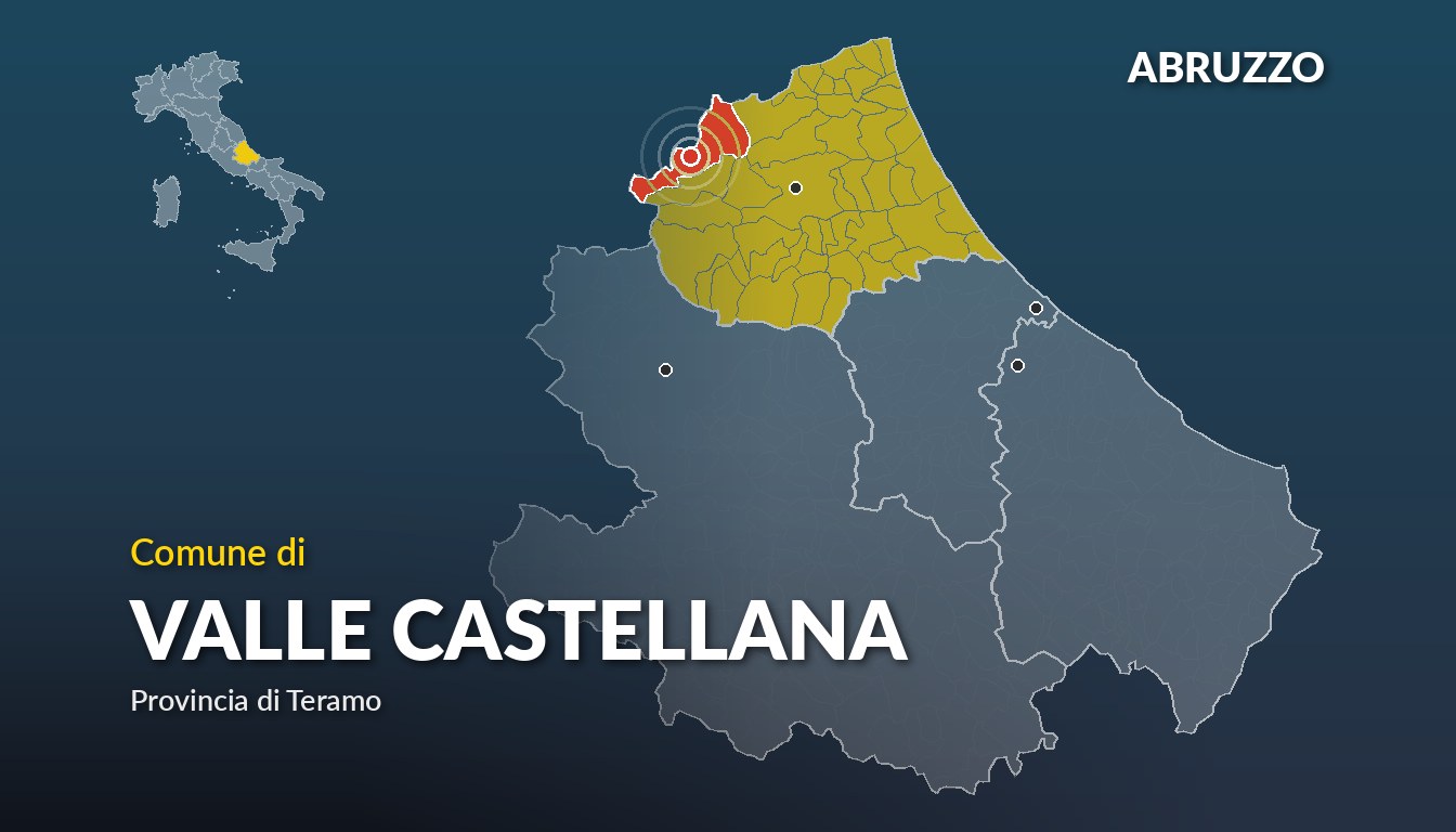 Cartina del Abruzzo con la posizione del comune di Valle Castellana, in provincia di Teramo