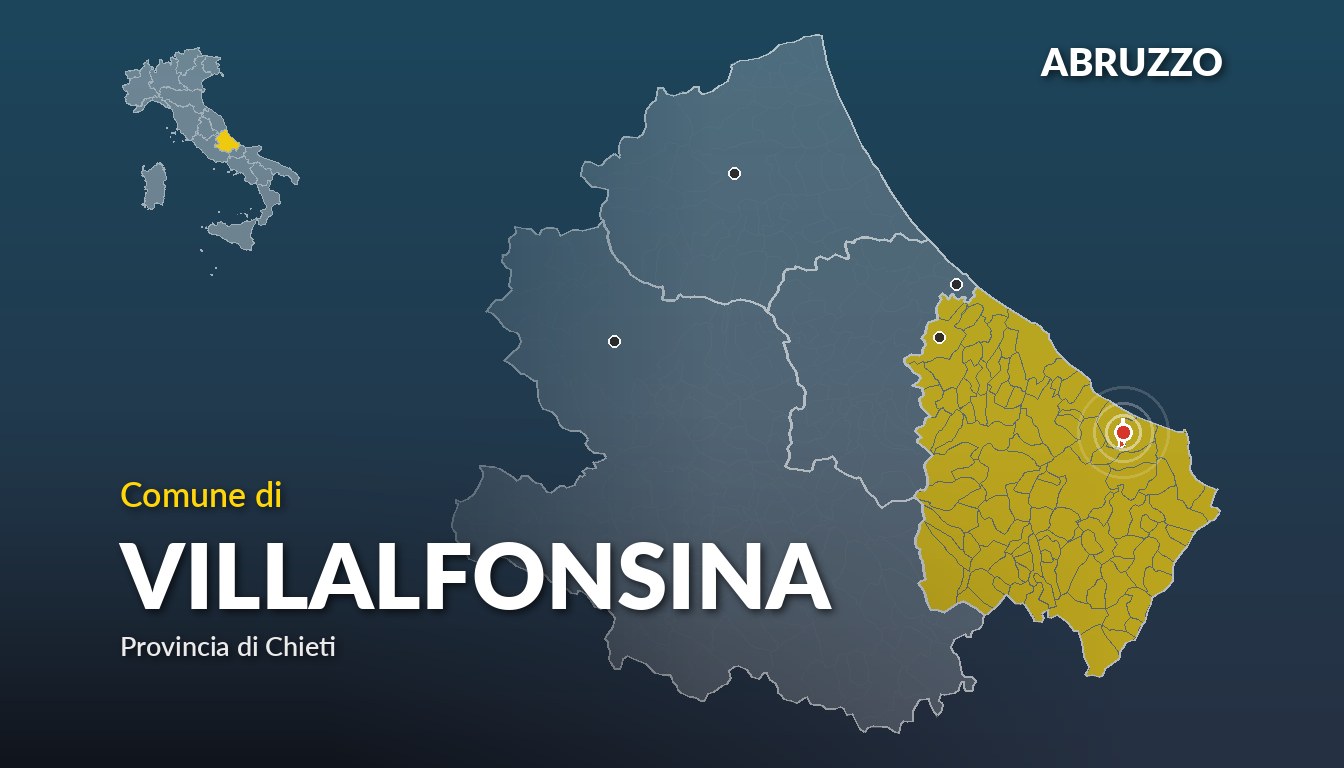 Cartina del Abruzzo con la posizione del comune di Villalfonsina, in provincia di Chieti