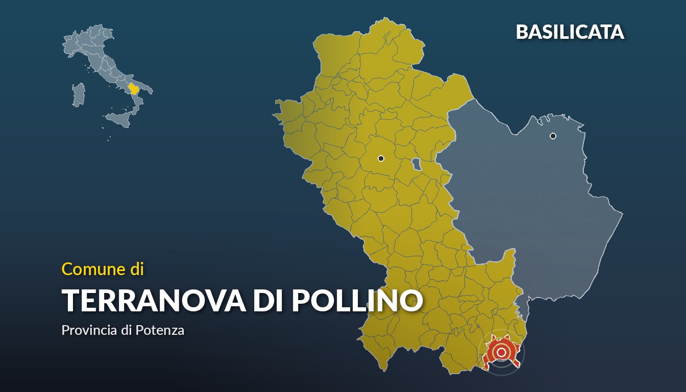 Cartina del Basilicata con la posizione del comune di Terranova di Pollino, in provincia di Potenza