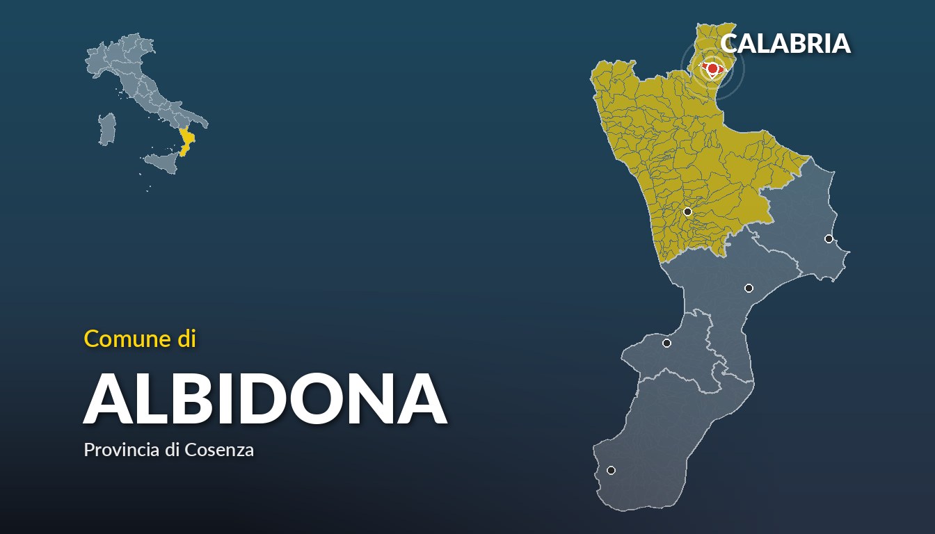 Cartina del Calabria con la posizione del comune di Albidona, in provincia di Cosenza