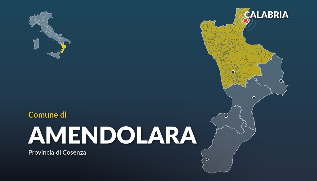Cartina del Calabria con la posizione del comune di Amendolara, in provincia di Cosenza