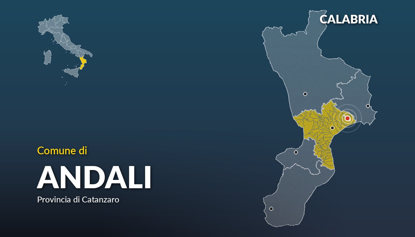 Cartina del Calabria con la posizione del comune di Andali, in provincia di Catanzaro