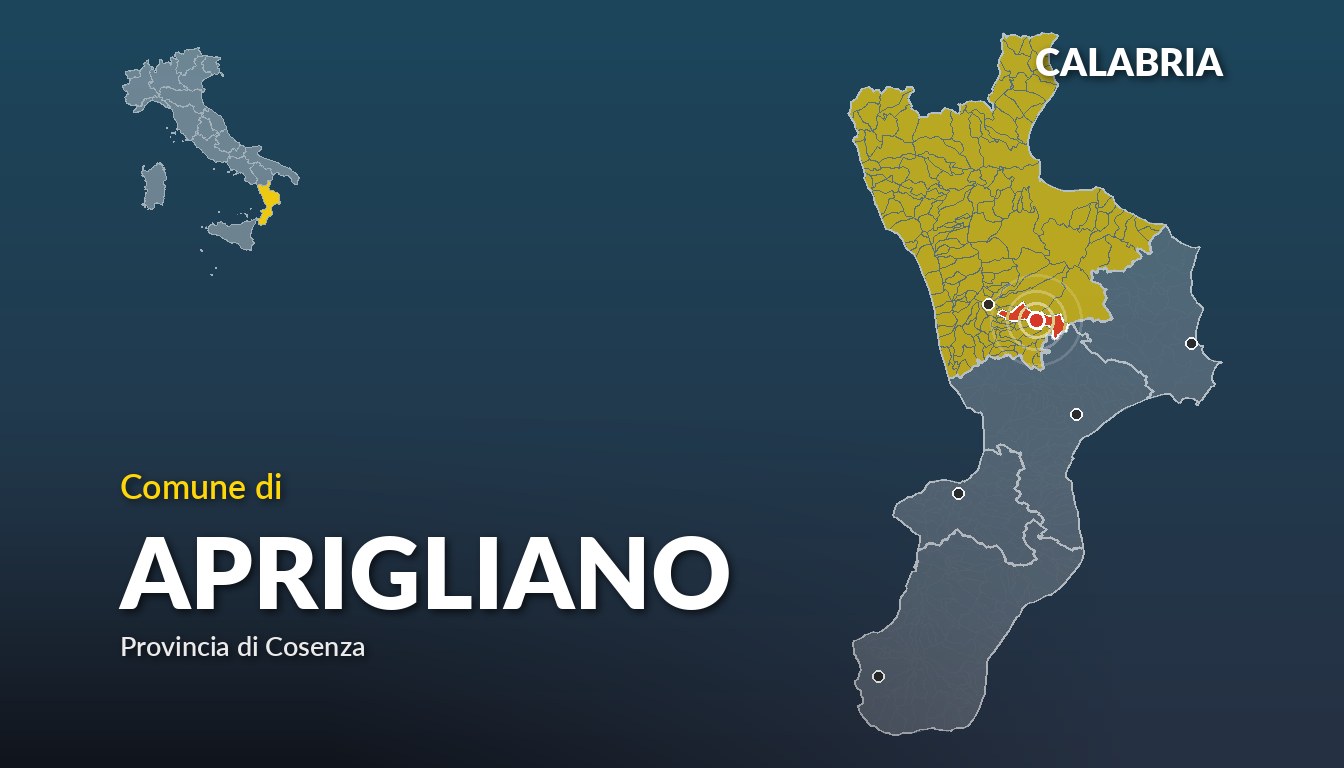 Cartina del Calabria con la posizione del comune di Aprigliano, in provincia di Cosenza
