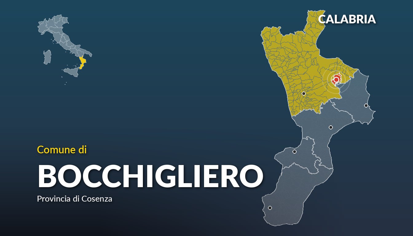 Cartina del Calabria con la posizione del comune di Bocchigliero, in provincia di Cosenza