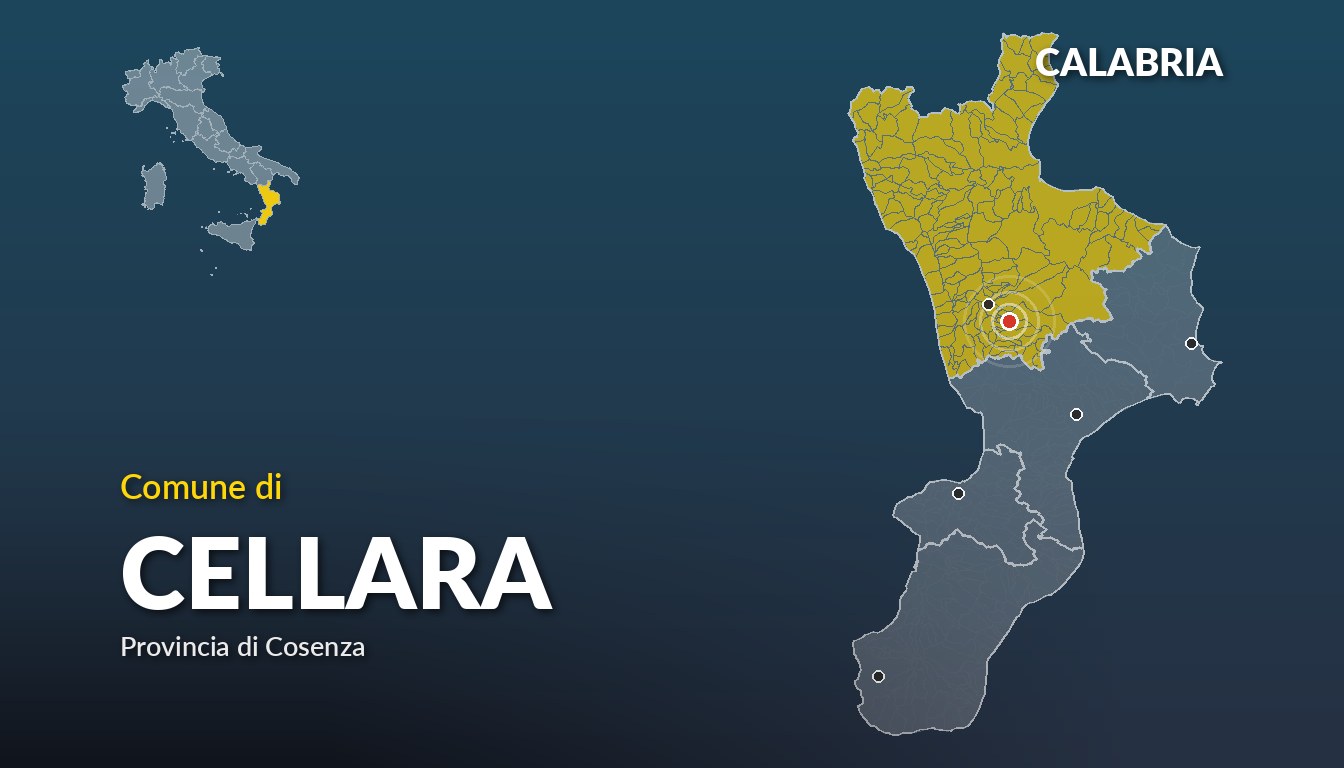 Cartina del Calabria con la posizione del comune di Cellara, in provincia di Cosenza