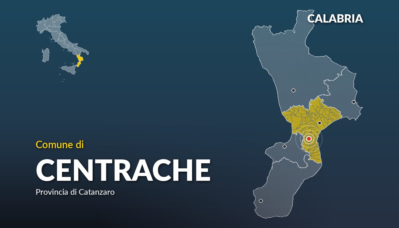 Cartina del Calabria con la posizione del comune di Centrache, in provincia di Catanzaro