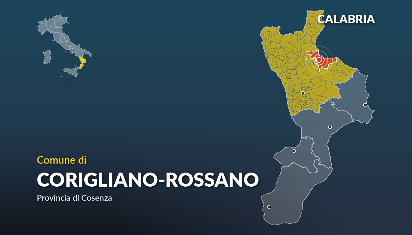 Cartina del Calabria con la posizione del comune di Corigliano-Rossano, in provincia di Cosenza
