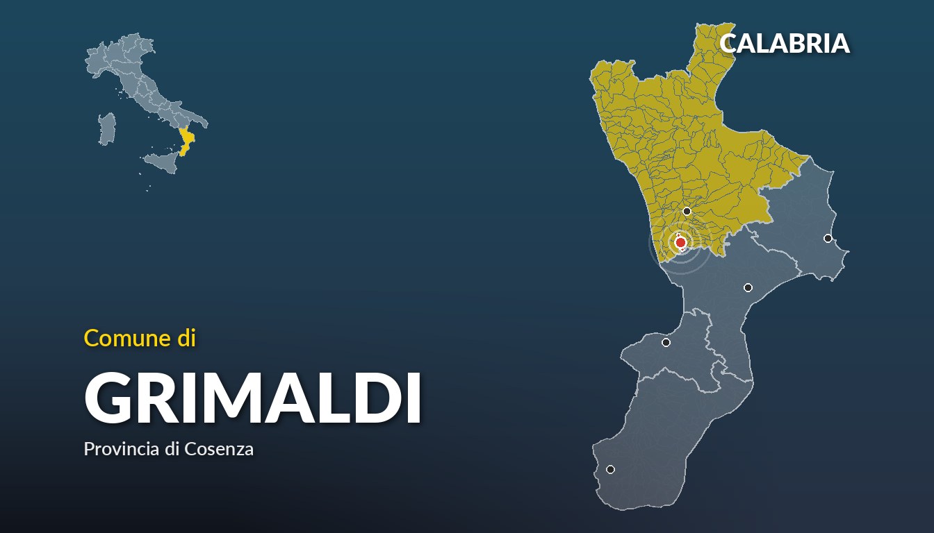 Cartina del Calabria con la posizione del comune di Grimaldi, in provincia di Cosenza