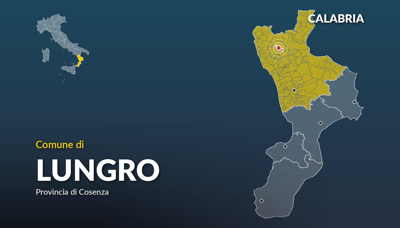 Cartina del Calabria con la posizione del comune di Lungro, in provincia di Cosenza