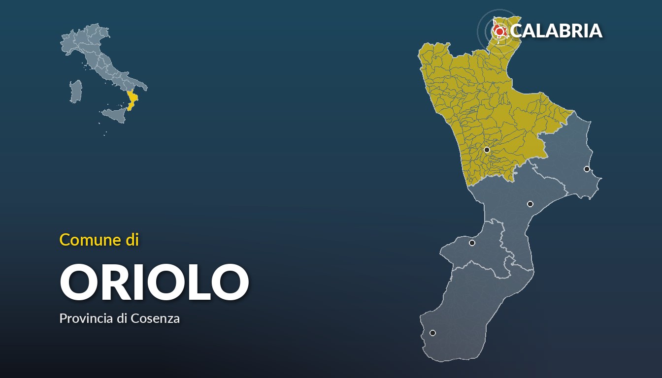 Cartina del Calabria con la posizione del comune di Oriolo, in provincia di Cosenza