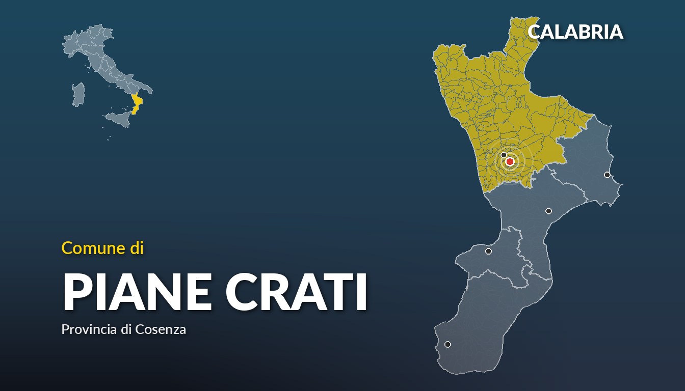 Cartina del Calabria con la posizione del comune di Piane Crati, in provincia di Cosenza