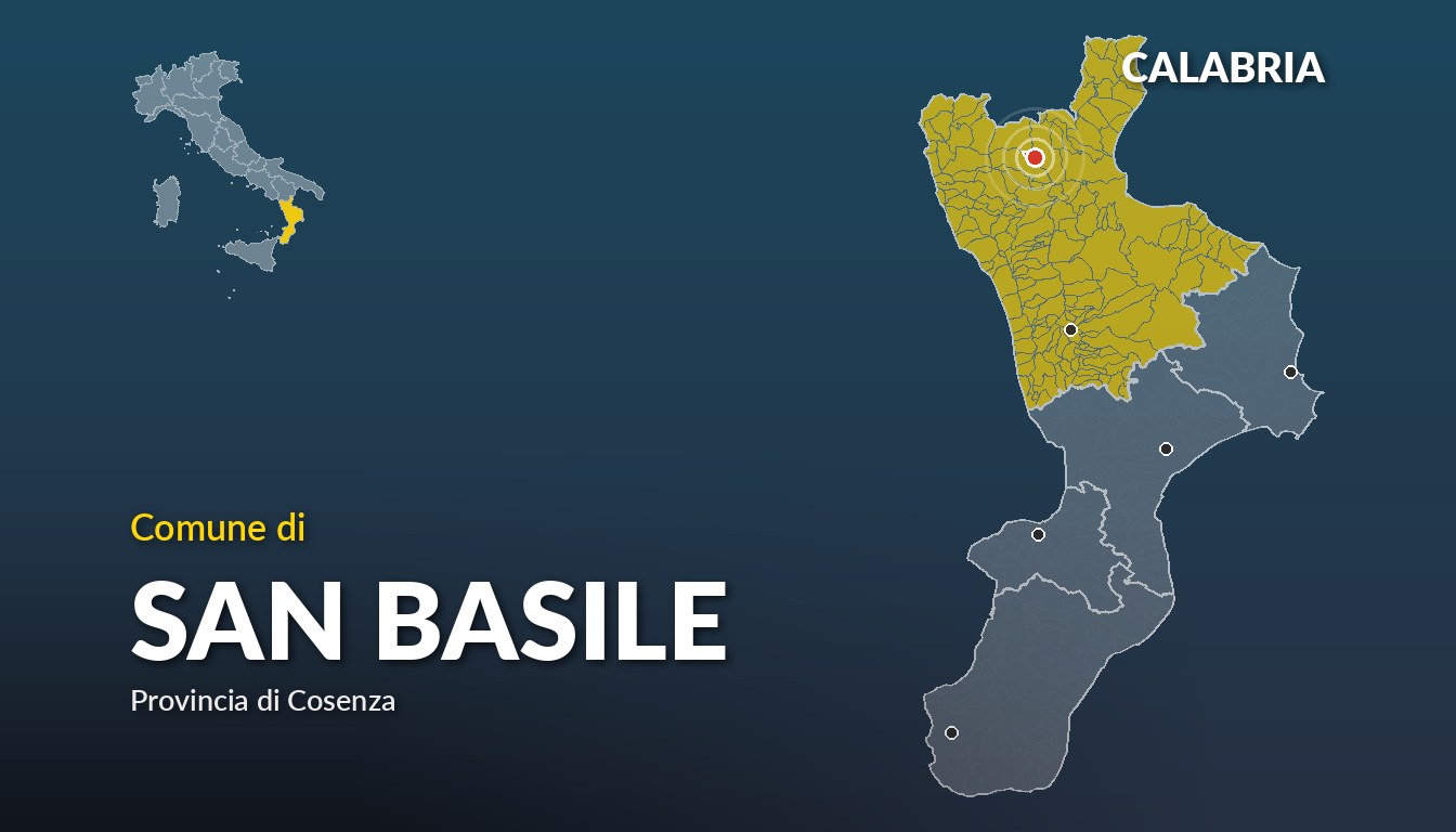 Cartina del Calabria con la posizione del comune di San Basile, in provincia di Cosenza