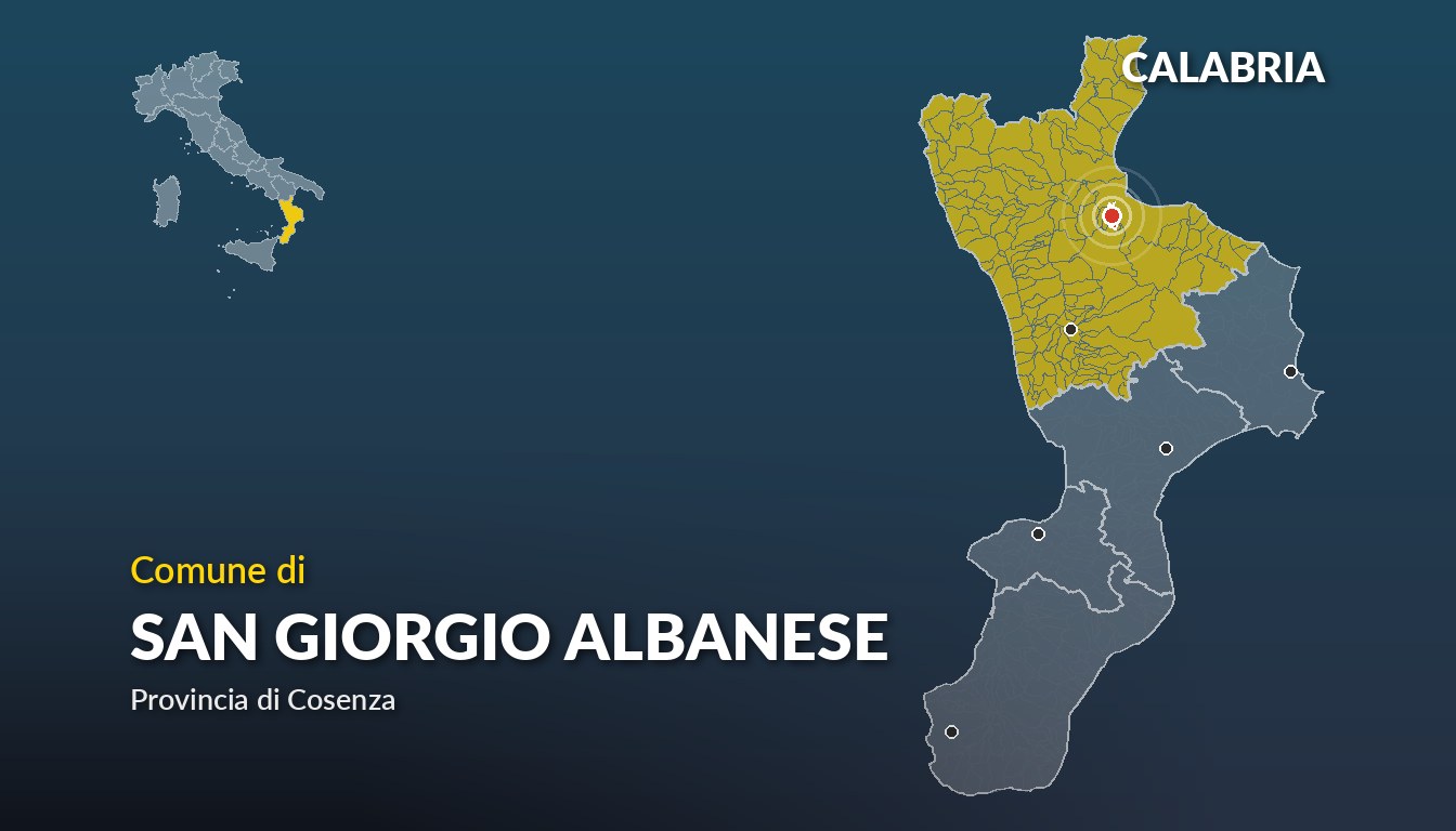 Cartina del Calabria con la posizione del comune di San Giorgio Albanese, in provincia di Cosenza