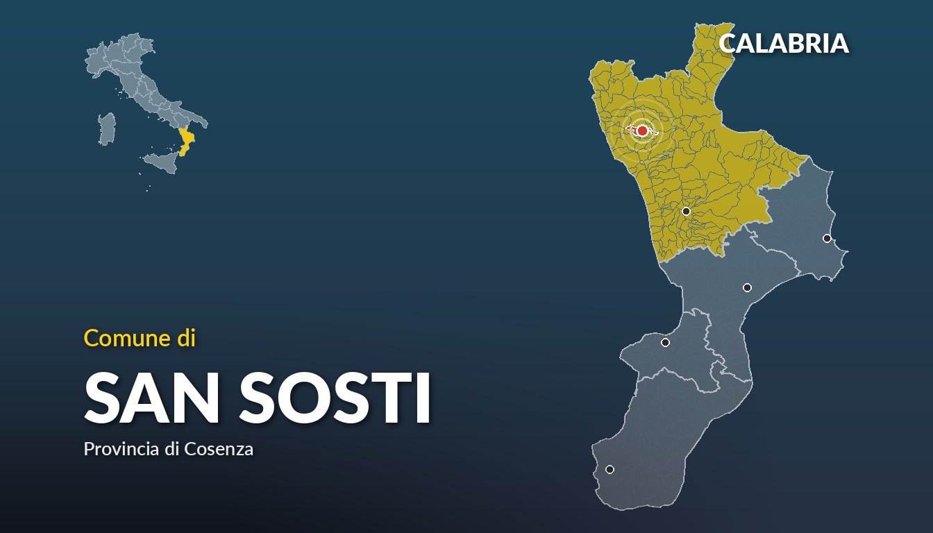 Cartina del Calabria con la posizione del comune di San Sosti, in provincia di Cosenza