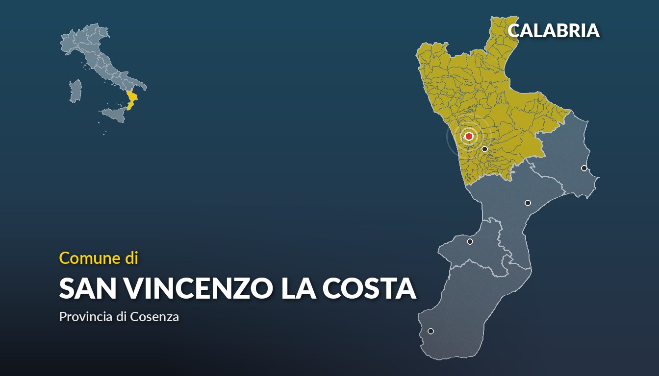 Cartina del Calabria con la posizione del comune di San Vincenzo La Costa, in provincia di Cosenza