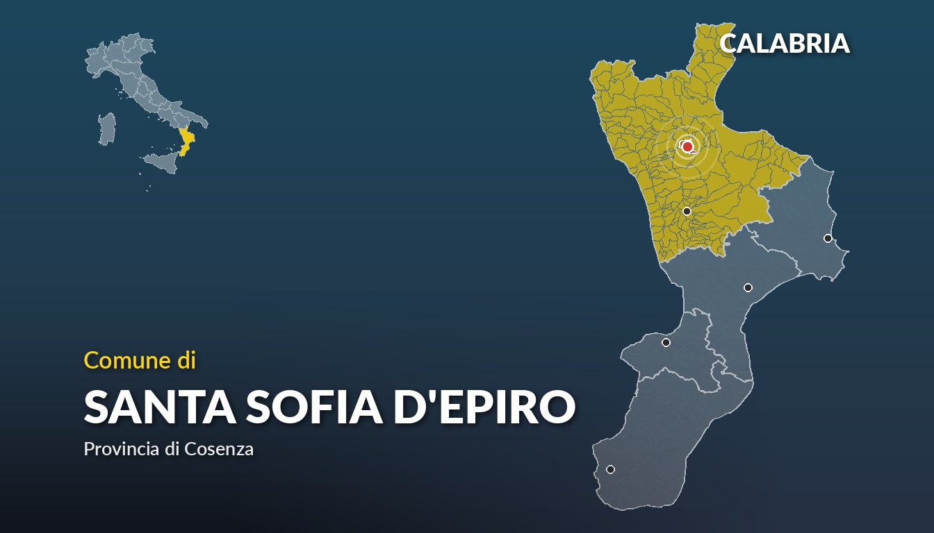 Cartina del Calabria con la posizione del comune di Santa Sofia d'Epiro, in provincia di Cosenza