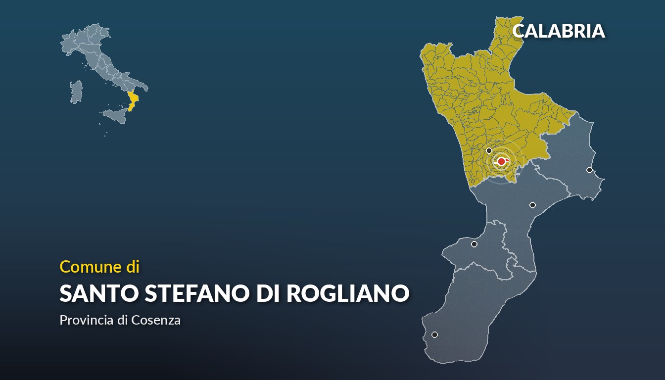 Cartina del Calabria con la posizione del comune di Santo Stefano di Rogliano, in provincia di Cosenza