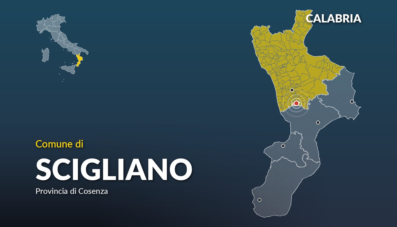 Cartina del Calabria con la posizione del comune di Scigliano, in provincia di Cosenza