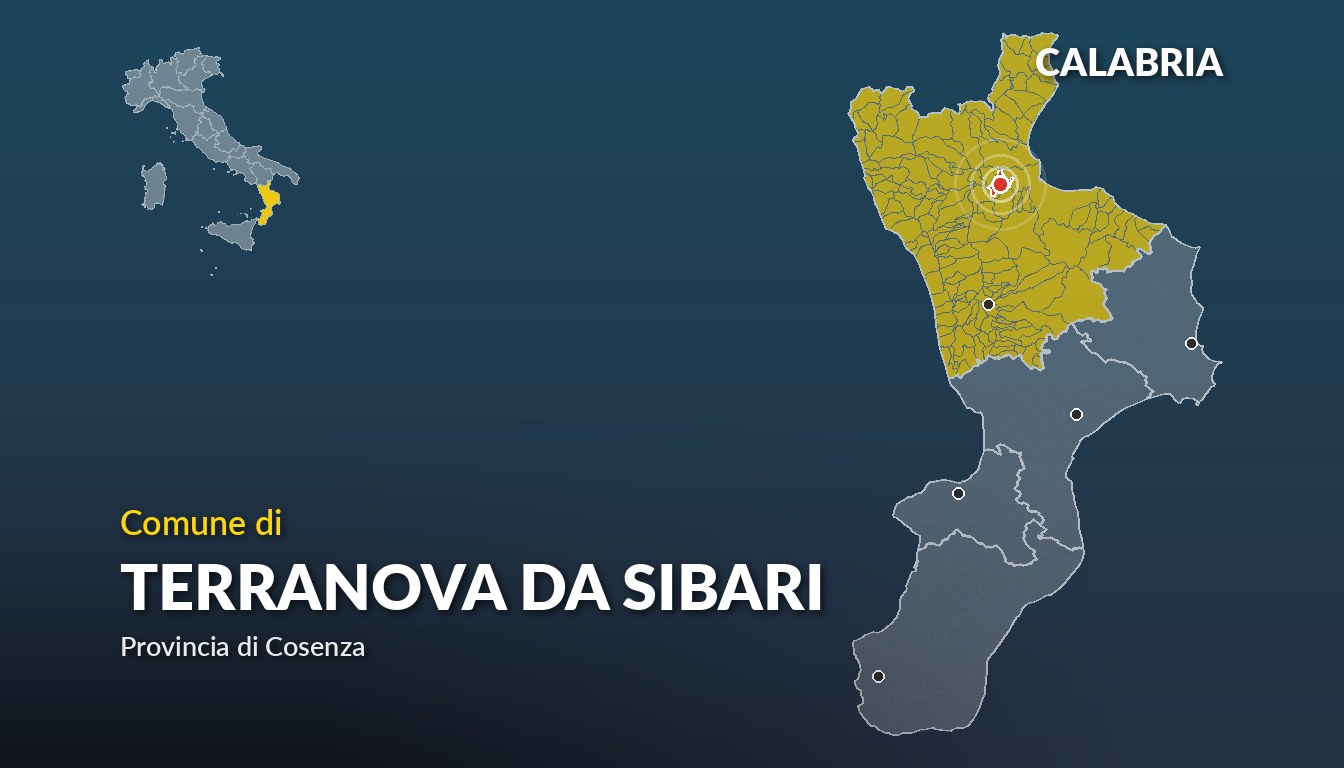 Cartina del Calabria con la posizione del comune di Terranova da Sibari, in provincia di Cosenza