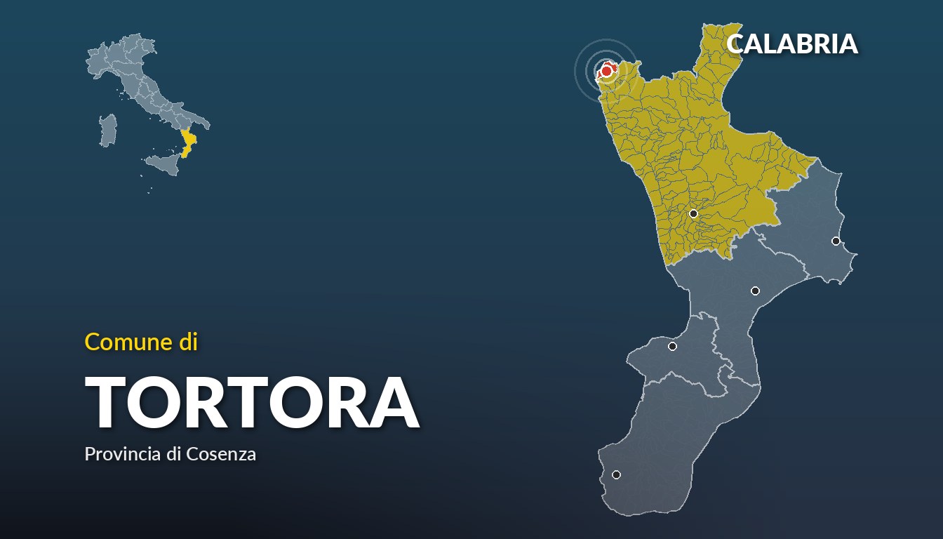 Cartina del Calabria con la posizione del comune di Tortora, in provincia di Cosenza