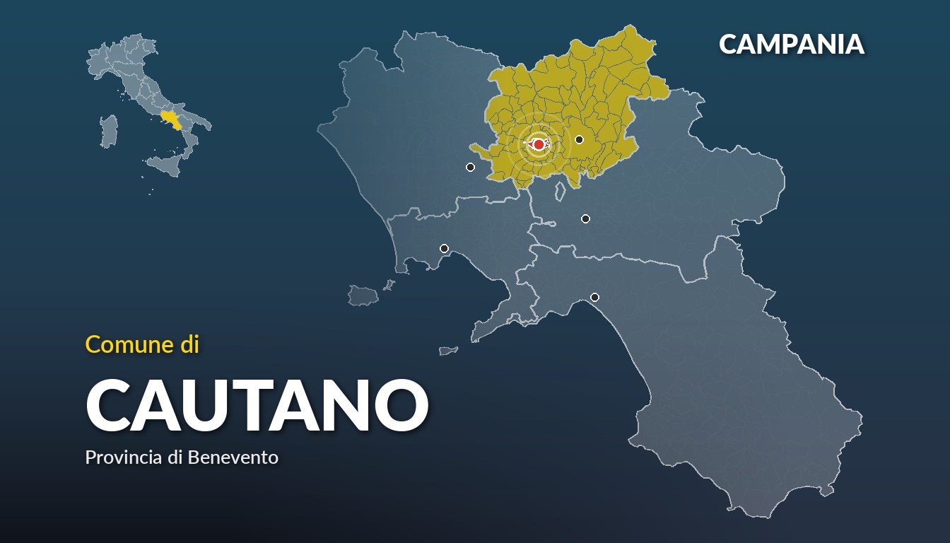 Cartina del Campania con la posizione del comune di Cautano, in provincia di Benevento