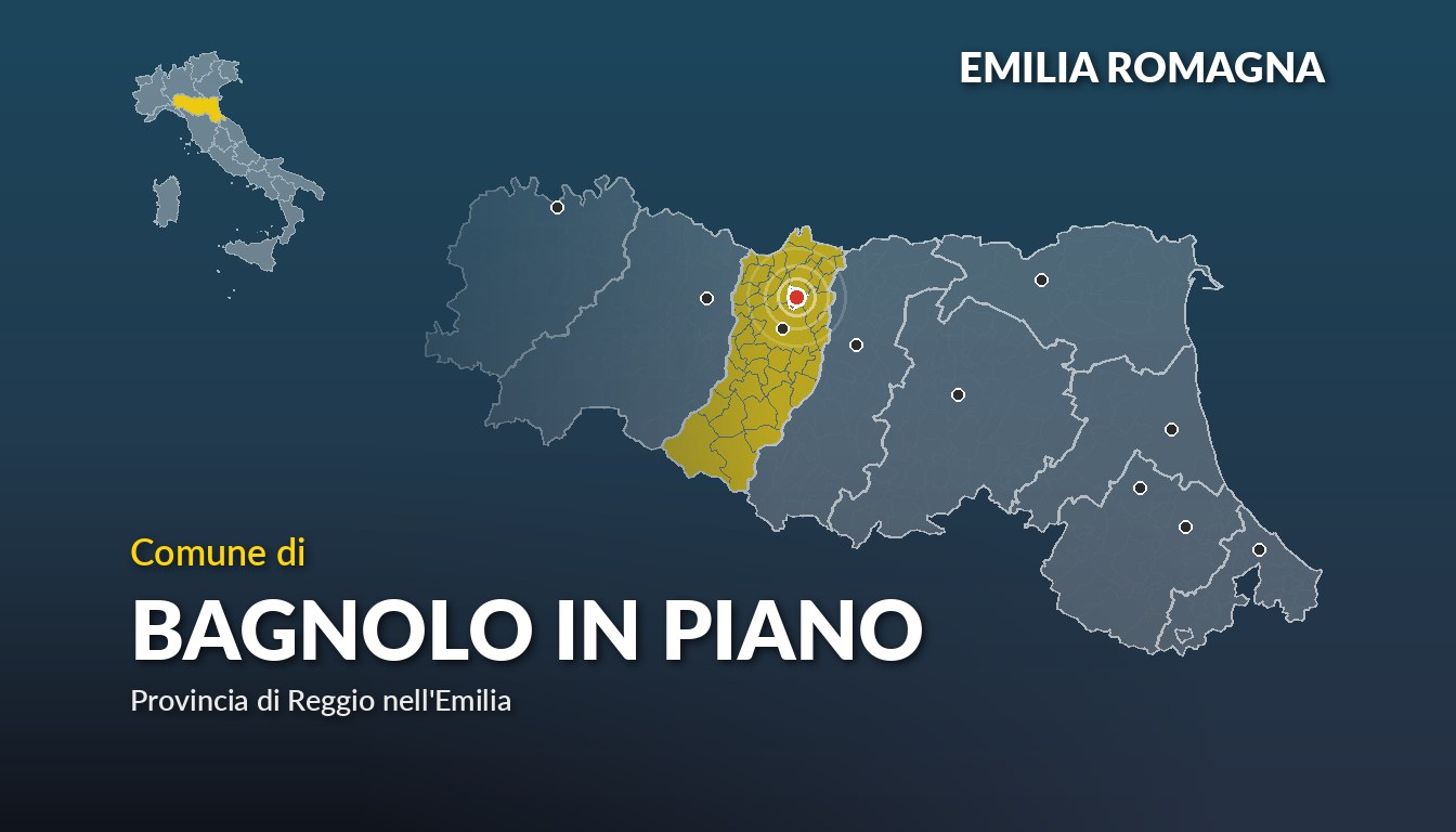 Cartina del Emilia Romagna con la posizione del comune di Bagnolo in Piano, in provincia di Reggio nell'Emilia