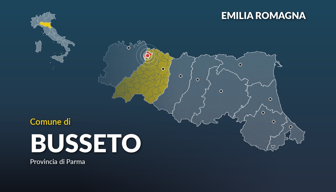 Cartina del Emilia Romagna con la posizione del comune di Busseto, in provincia di Parma
