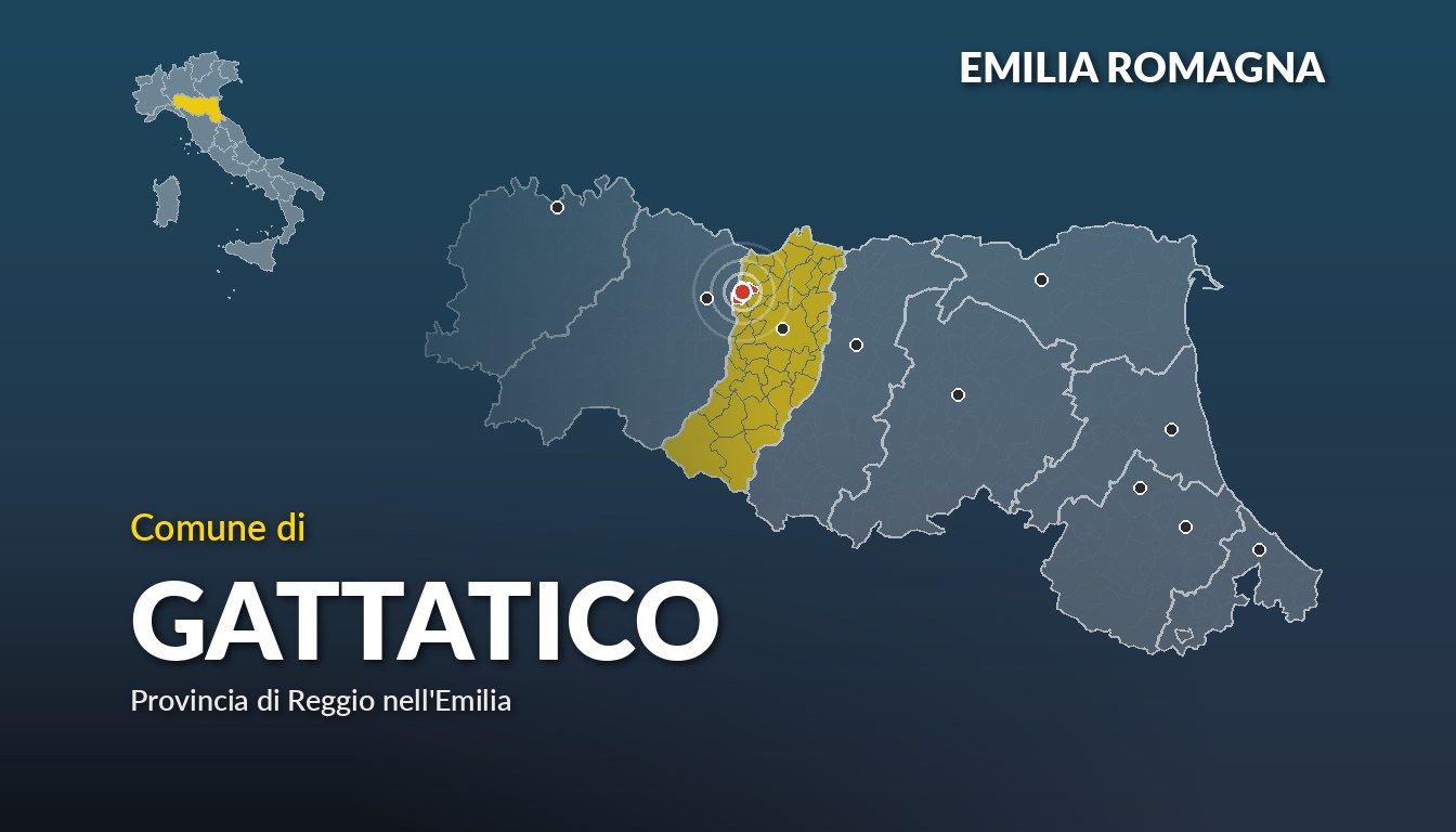 Cartina del Emilia Romagna con la posizione del comune di Gattatico, in provincia di Reggio nell'Emilia