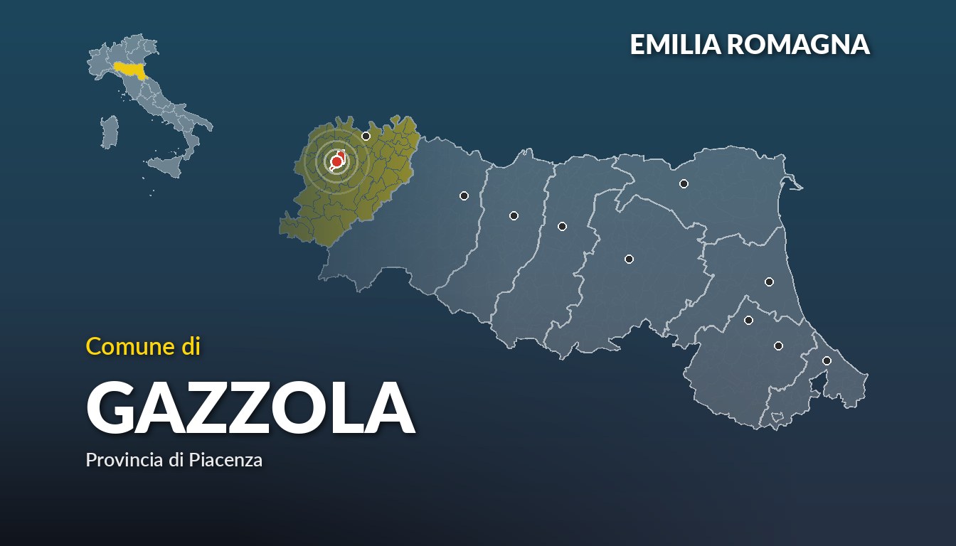Cartina del Emilia Romagna con la posizione del comune di Gazzola, in provincia di Piacenza