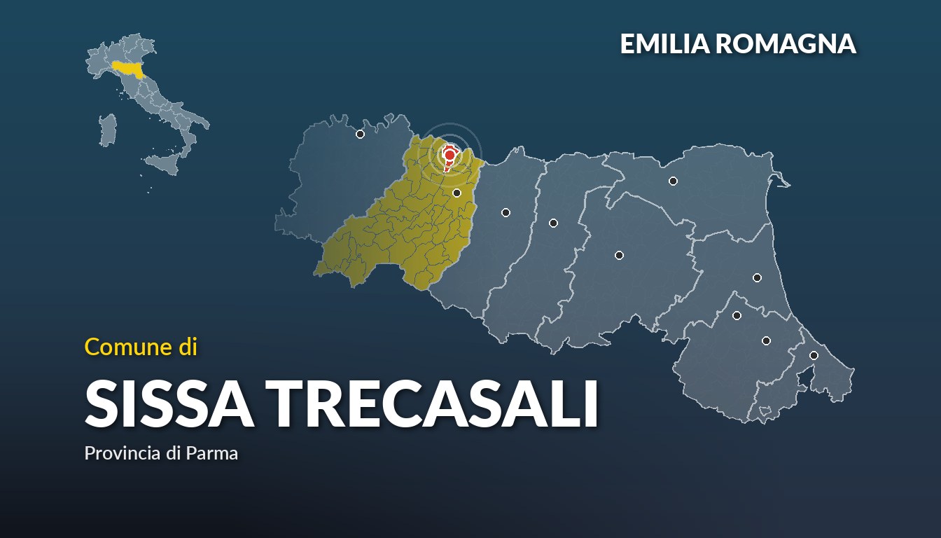 Cartina del Emilia Romagna con la posizione del comune di Sissa Trecasali, in provincia di Parma