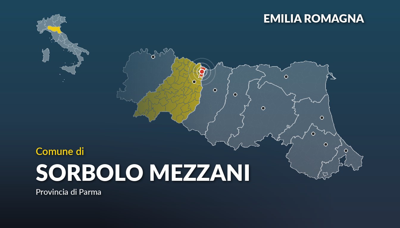 Cartina del Emilia Romagna con la posizione del comune di Sorbolo Mezzani, in provincia di Parma