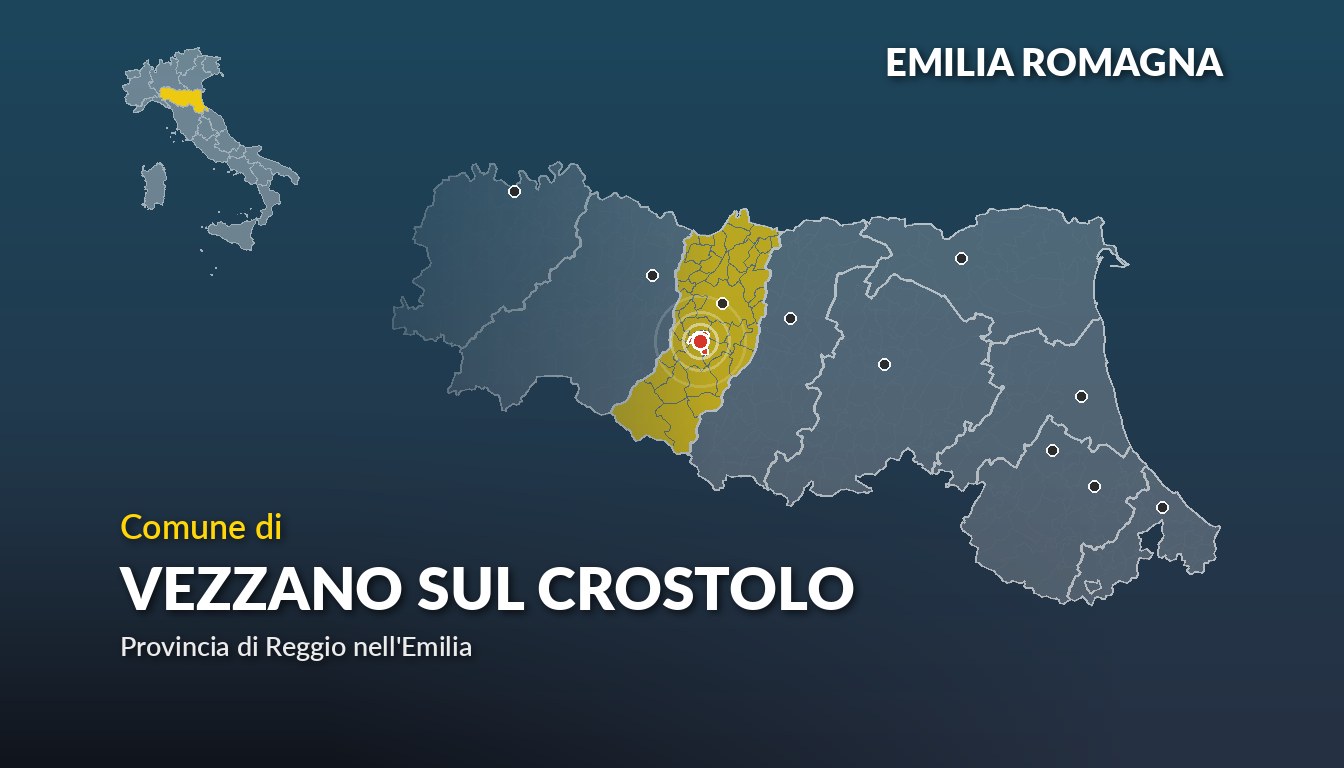 Cartina del Emilia Romagna con la posizione del comune di Vezzano sul Crostolo, in provincia di Reggio nell'Emilia