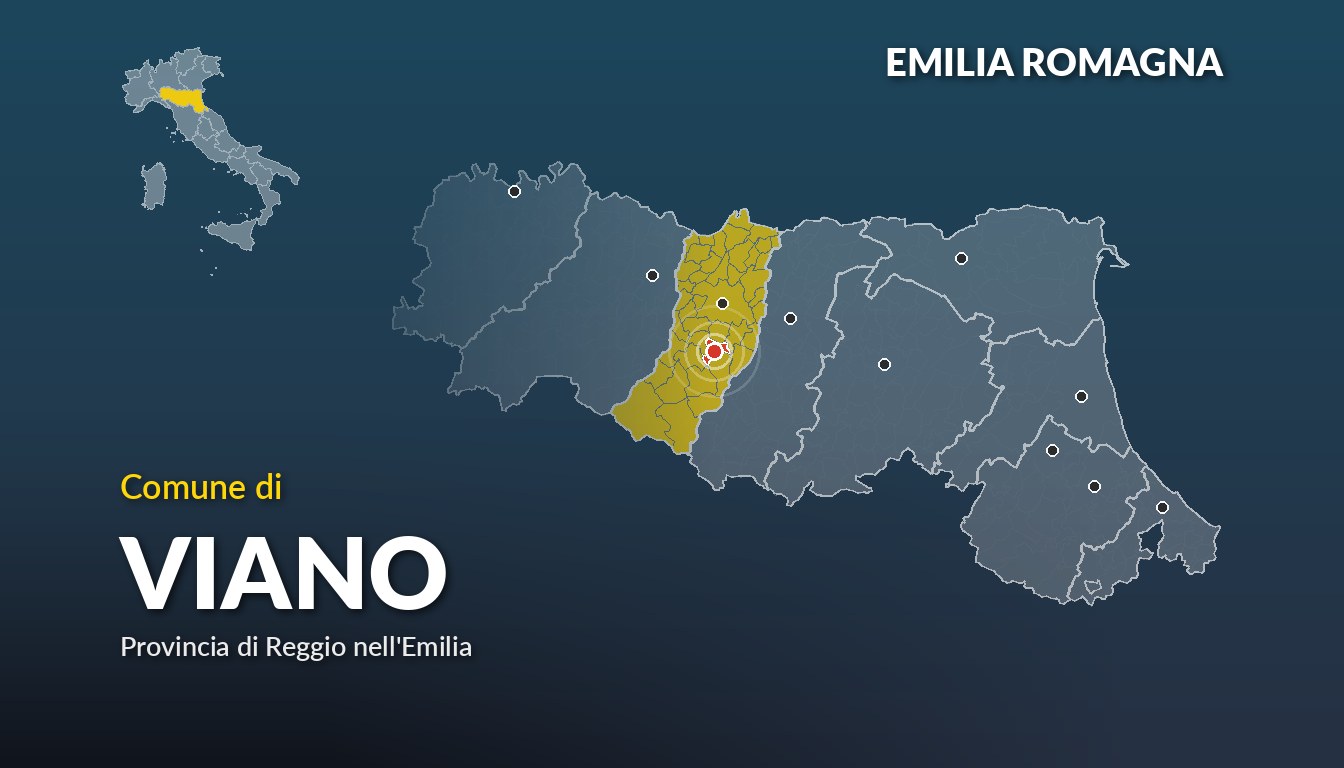 Cartina del Emilia Romagna con la posizione del comune di Viano, in provincia di Reggio nell'Emilia
