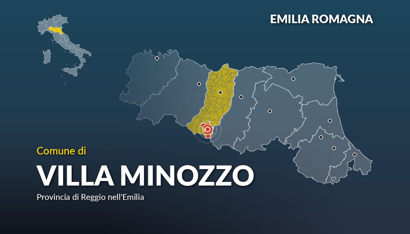 Cartina del Emilia Romagna con la posizione del comune di Villa Minozzo, in provincia di Reggio nell'Emilia