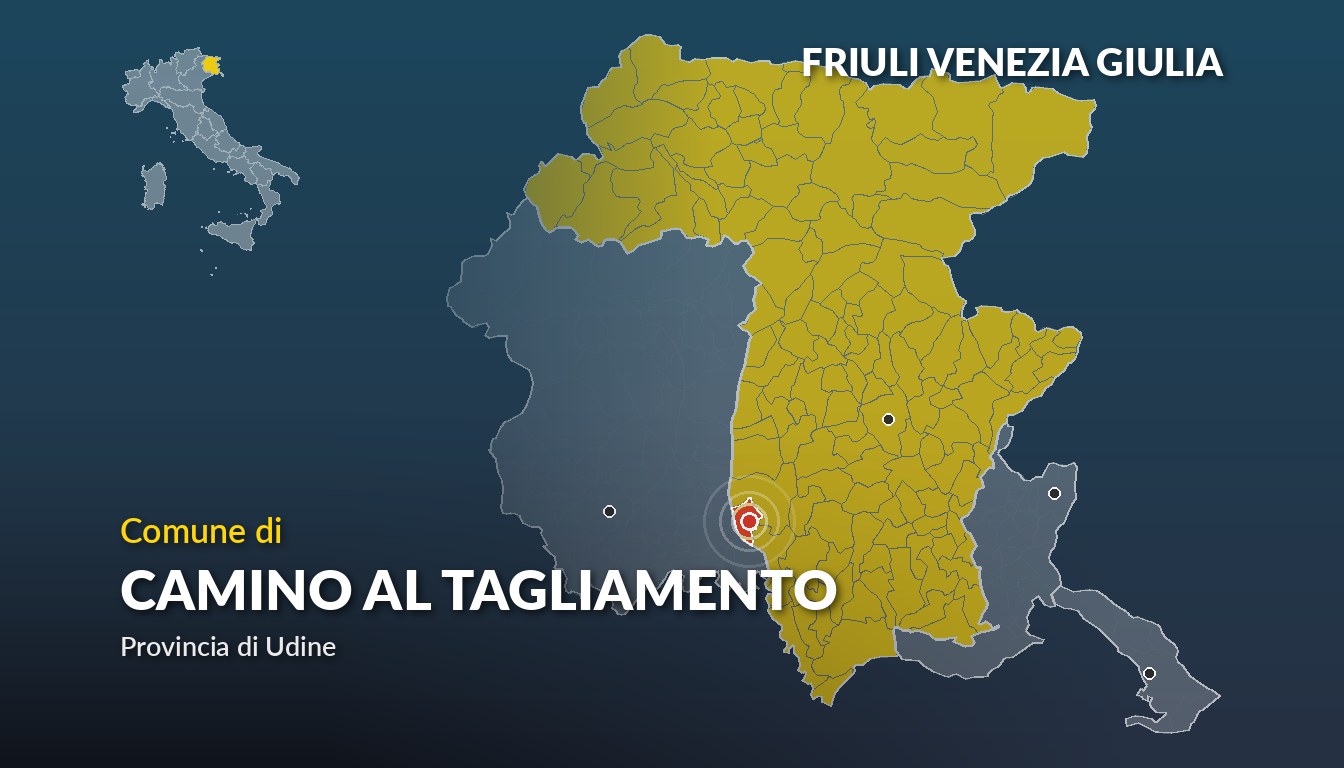 Cartina del Friuli Venezia Giulia con la posizione del comune di Camino al Tagliamento, in provincia di Udine