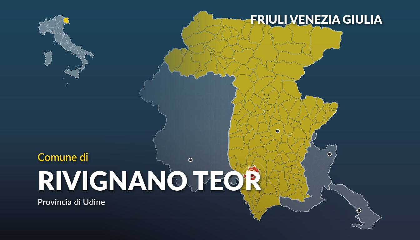 Cartina del Friuli Venezia Giulia con la posizione del comune di Rivignano Teor, in provincia di Udine