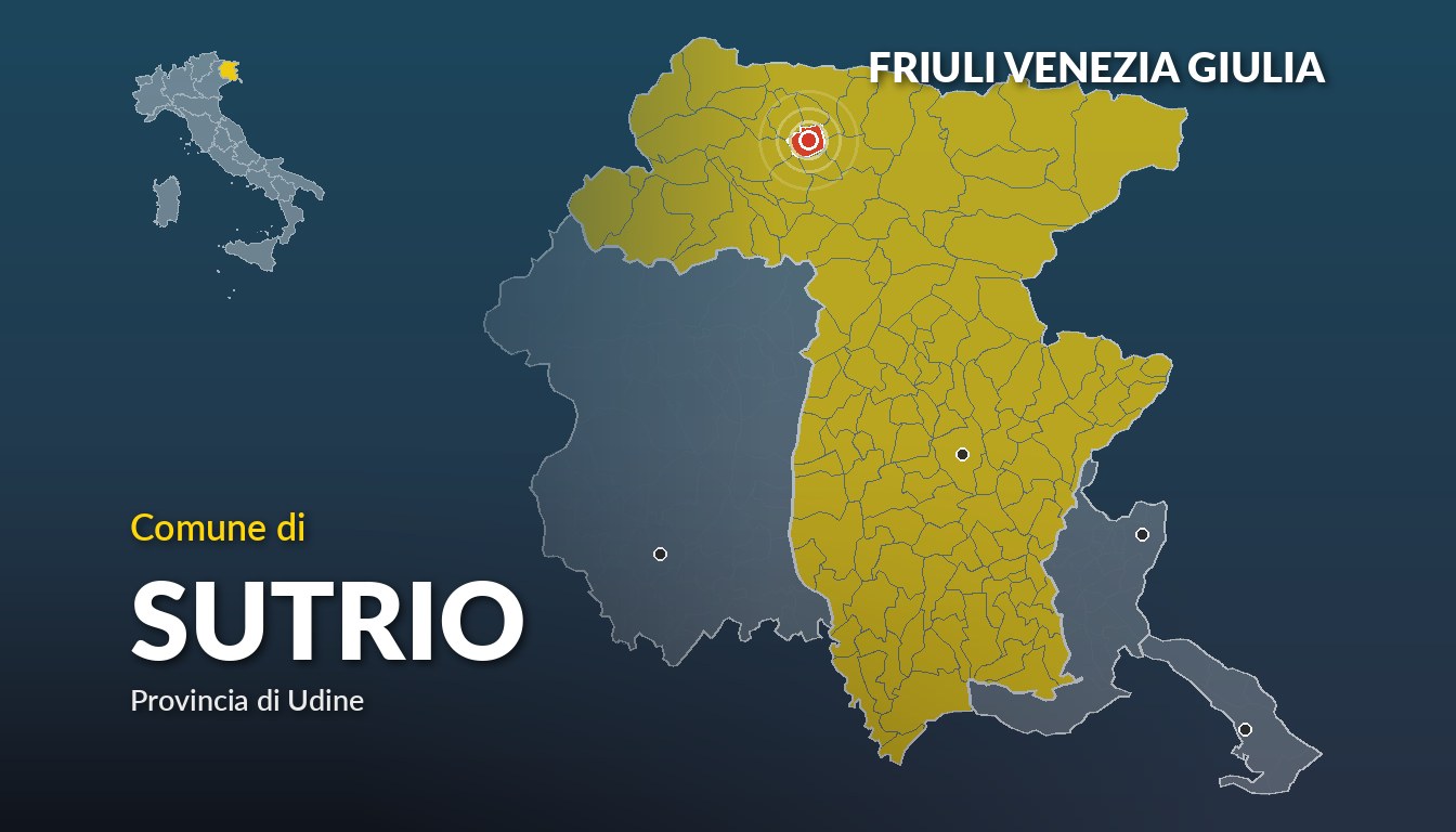 Cartina del Friuli Venezia Giulia con la posizione del comune di Sutrio, in provincia di Udine