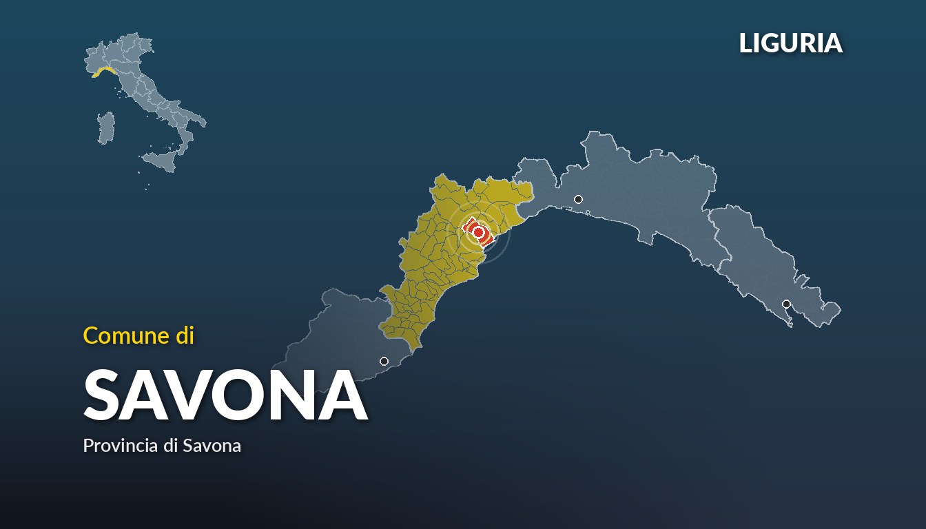 Cartina del Liguria con la posizione del comune di Savona, in provincia di Savona