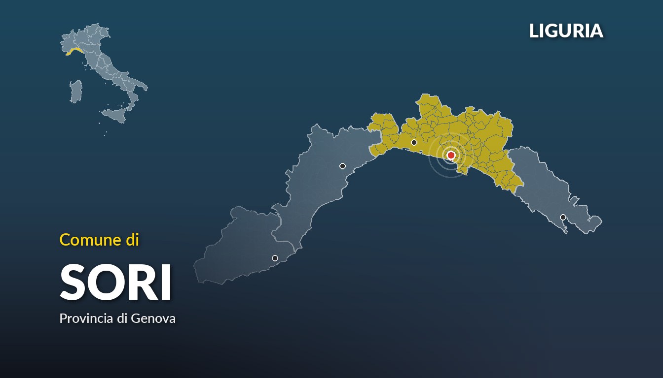 Cartina del Liguria con la posizione del comune di Sori, in provincia di Genova